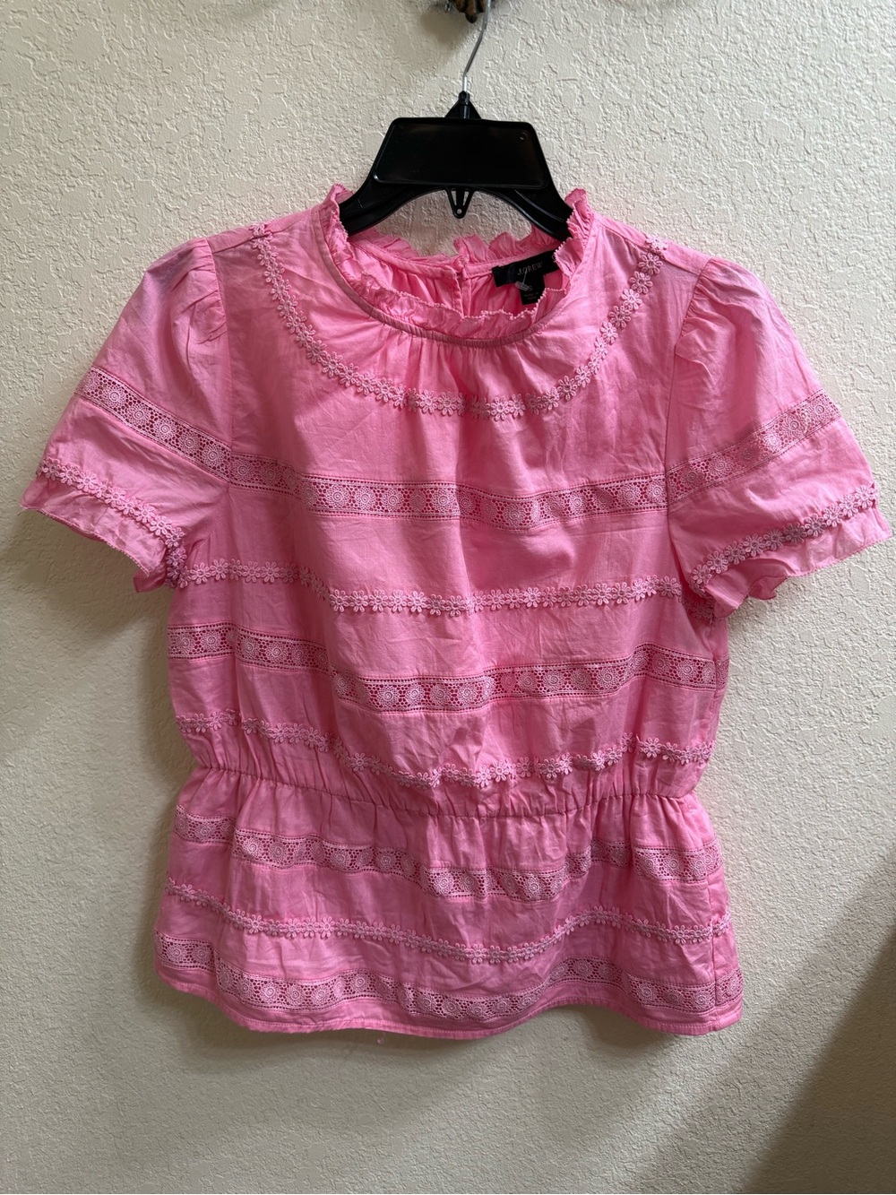 J. Crew Pink Ruffle Neck and Lace Short Sleeve Top
